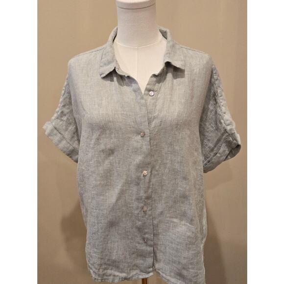 Rachel Zoe 100% Linen Shirt Heather Green Button Short Sleeve Collared XL - Picture 2 of 9